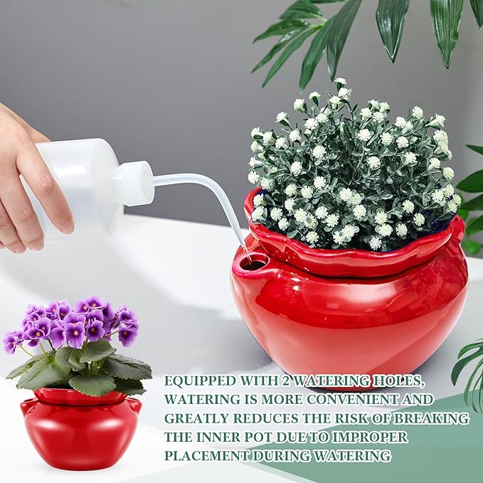6.3 Inch African Violet Pots, Red Self Watering Pot for Indoor Plants, Ceramic Easy Plant Self Watering Pot for Thriving Plant Flower Maintenance