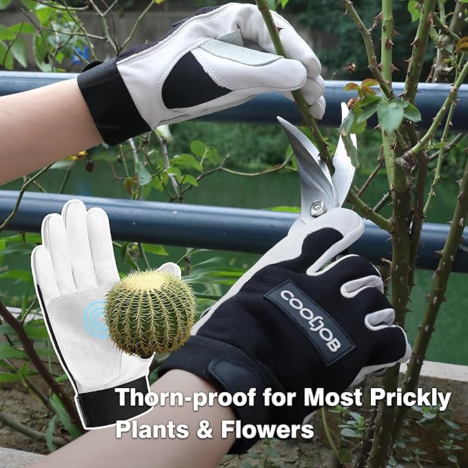 COOLJOB Sheep Skin Leather Garden Gloves with Abrasion Resistant Grip, Thorn Puncture Proof Work Gloves for Landscaping, M-XL
