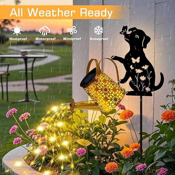 ZFNN Solar Garden Decor Lights, Outdoor Waterproof Solar Watering Can with Cascading Lights, Metal Dog Silhouette Stake Yard Art for Outside Lawn Patio, Unique Gardening Gifts for Women Mom