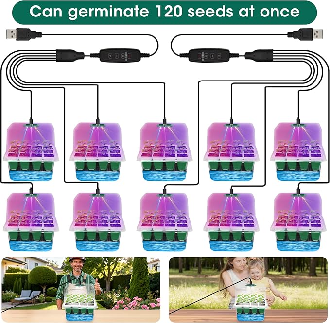 Self Watering Seed Starter Tray with Grow Light, 10-Pack 120-Cell Reusable Seed Starter Kit with Soft Silicone, Plant Germination Trays with Humidity Dome for Seeding Planting Growing