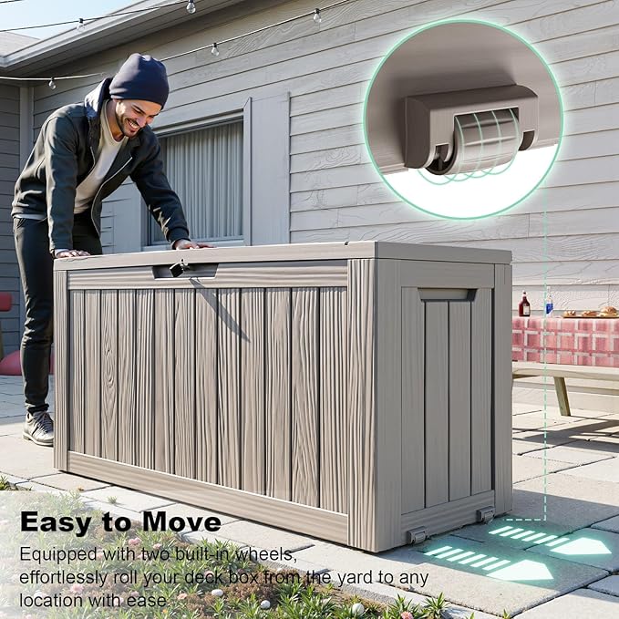 ROJIK 90 Gallon Waterproof Outdoor Deck Storage Box, Lockable Resin Patio Storage Bin with Lid for Garden Tools, Patio Cushions & Outdoor Accessories(Grey)