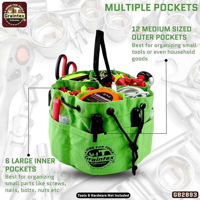 Graintex 18 Pockets Grab Bag Rip-stop Canvas Drawstring Closure, Small Part Organizer Pouch, Small Tools, Screws, Parts, Parachute Tool Bag for Efficient Storage - Lime Green