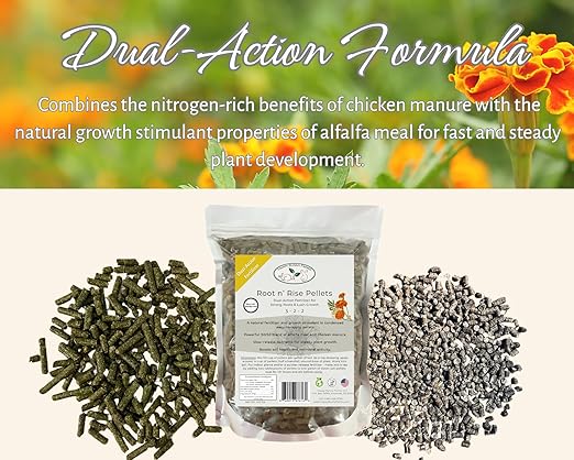 Root n' Rise Fertilizer and Soil Conditioner Pellets, 3-2-2 NPK,4lbs Dual-Action Chicken Manure and Alfalfa Meal Blend.
