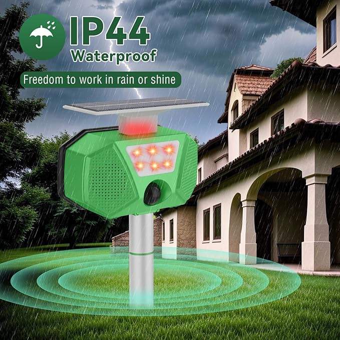Solar Ultrasonic Animal Repeller, Cat Repellent Outdoor with Motion Sensor, LED Flashing, Waterproof Deer Repellent for Dogs, Cat, Bird, Squirrels, Raccoon, Rabbit, Fox
