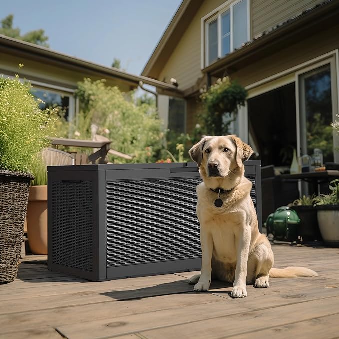 Vixzen 120 Gallon Outdoor Storage Box,Waterproof Lockable Resin Deck Box,Storage Container with Reinforced Support for Patio Cushions, Furniture Supplies, Garden Tools(Black，120 Gallon)