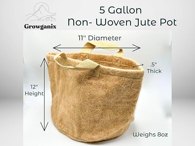Non-Woven Jute Fabric Grow Bag with Handles, Biodegradeable Pot, 100% Natural Fiber, Breathable, Fast Root Growth, Available in 3 & 5 Gallon. (2, 5 Gallon)