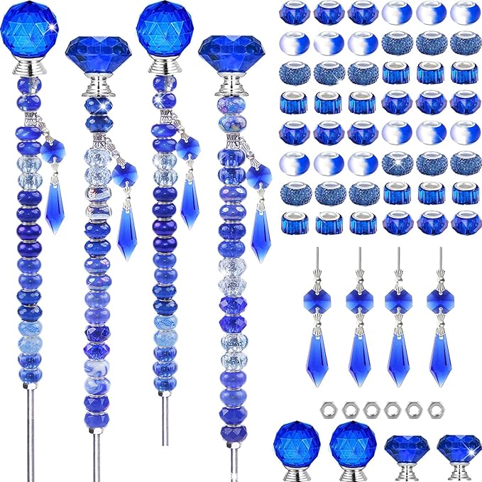 121 Pcs DIY Fairy Wand Beaded Garden Stakes Kit, Fairy Wands Garden Kit Dark Blue Large Hole Bead with Pendants Crystal Stopper Top Threaded Rod Beaded Garden Stakes Supplies for Outdoor Decorative