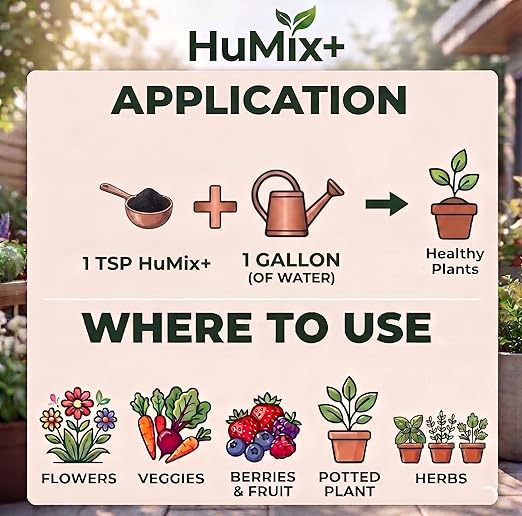 HuMix+ Humic Powder with Seaweed Extract, Turmeric and sea kelp Extract – Natural Soil Conditioner, Root Booster & Organic Plant Food for Vegetables, Flowers, Lawns, Houseplants & Garden Soil