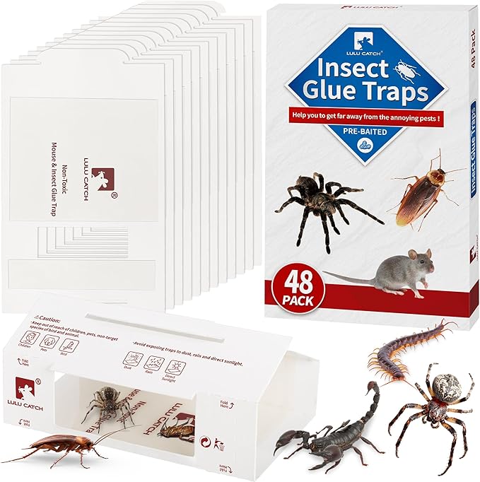 LULUCATCH Mouse Traps, 48 Pack Pre-Baited Sticky Mouse Traps Indoor for Home, Non-Toxic Bulk Sticky Pads, Glue Traps for Rats, Bugs, Spider, Mice, Cockroach, Pet Safe Pest Control