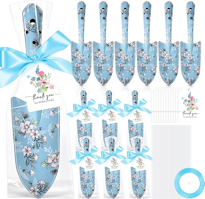 Capoda 12 Sets Floral Garden Shovels Bulk Gardening Gift for Women Garden Tools Floral Hand Heavy Duty Christmas Trowels Thank You Cards with Bags for Mom Gift Birthday Teacher(Blue,Bright)