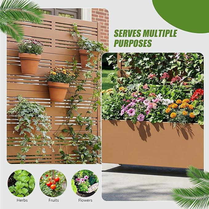 Casaphoria Metal Raised Garden Bed with Trellis and Wheels, 72"x35"x16" Planter Box for Climbing Plants, Vegetables & Vines, Features Drainage Holes and Privacy Screen, Brown-Harold