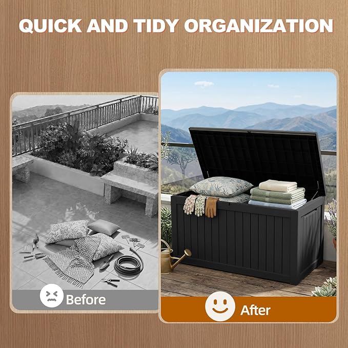 EFU Outdoor Storage Box 260 Gallon Deck Box (Indoor & Outdoor) Lockable UV Resistance Waterproof Resin Storage Bin Storage Box for Outdoor,Patio Storage With Support Rod(Black)