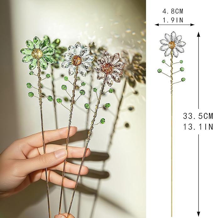 H&D HYALINE & DORA 3 Pcs Crystal Sunflower Suncatchers with 13'' Gold Trellis Metal Plant Stake for Indoor Outdoor Garden Potted Plants Decorations Plant Lover Gift(Clear, Green, Pink)