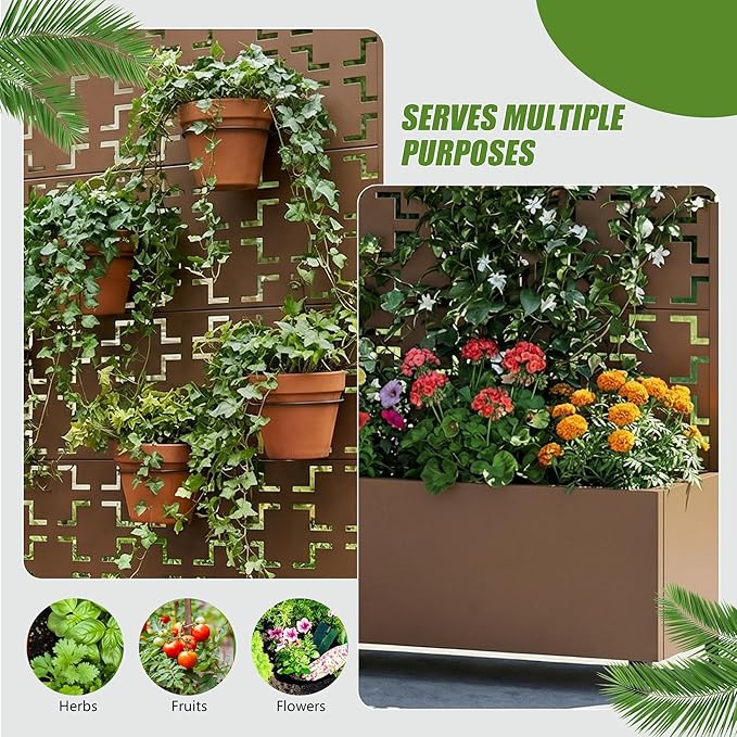 Casaphoria Metal Raised Garden Bed with Trellis and Wheels, 72"x47"x16" Arched Planter Box for Climbing Plants, Vegetables & Vines, Features Drainage Holes and Privacy Screen, Brown-Square