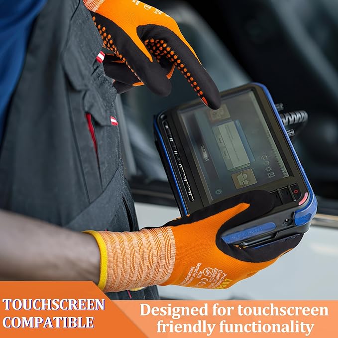 LOCCEF Work Gloves MicroFoam Nitrile Coated-6 Pairs,Endurance Seamless Knit Nylon,Dots on palm,Tacky Dot Grip Gloves,Orange