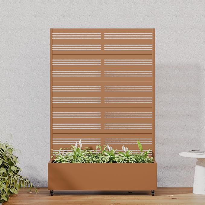 Casaphoria Metal Raised Garden Bed with Trellis and Wheels, 72"x47"x16" Arched Planter Box for Climbing Plants, Vegetables & Vines, Features Drainage Holes and Privacy Screen, Brown-Harold