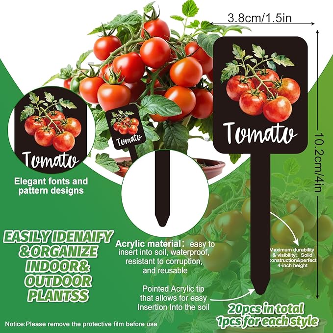 Whaline 20Pcs Watercolor Vegetable Fruit Plant Label Signs 20 Styles Garden Markers Waterproof Black Acrylic Plant Stake Tags with Names for Nursery Indoor Outdoor Garden Decor
