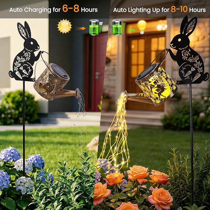 LOVERUIS Garden Statues Bunny with Solar Watering Can Lights, Cute Outdoor Bunny Figurines Garden Decor for Patio Yard Lawn Ornaments, Unique Gift for Women Mom
