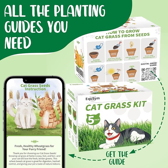 5Pack Cat Grass Seeds Kit - Cat Grass Seeds Growing Set for Indoor Cats, Non GMO Wheat Seed, Nutrient Soil & Planting Tools, Quick Germination, Perfect for Beginners