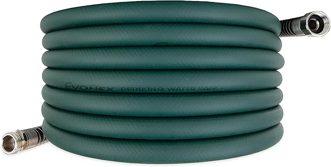 Camco EvoFlex 25-Ft Water Hose - RV Drinking Water Hose Contains No Lead, No BPA & No Phthalate - Flexible Design w/Stainless Steel Strain Relief Ends - 5/8” Inside Diameter, Green22581)