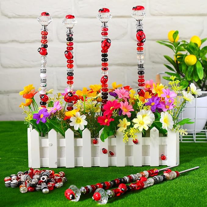 Tigeen 236 Pcs Garden Stake DIY Fairy Wand Plant Stake with 12 Colorful Crystal Stopper Top 12 Threaded Rod with 200 Large Hole Bead for Spring Summer Holiday Outdoor Decorations(Ladybug)
