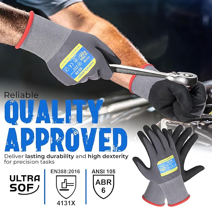 HANDLANDY 6 Pairs Safety Work Gloves with MicroFoam Nitrile Coated - Breathable Nylon Gloves with Grip for Men & Women