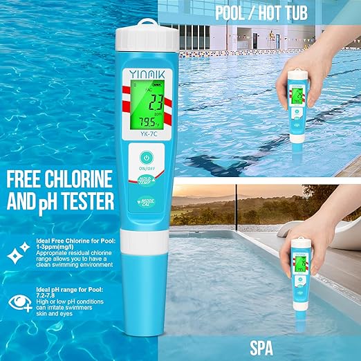 pH Chlorine Meter, Digital ORP Meter, Salinity Tester for Saltwater Pool, pH PPM EC Monitor for Hydroponics, SPA 7 in 1 pH Test Kit