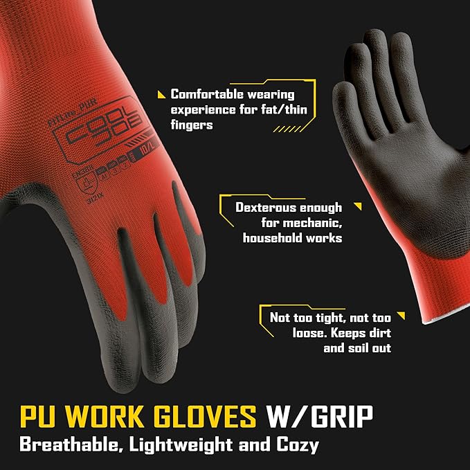 COOLJOB 60 Pairs Safety Work Gloves Pack Bulk with Grip PU Coating, 13 Gauge Seamless Knit Gloves with Polyurethane Dipped for Warehouse Working, Breathable Lightweight for Men Women, Red Large
