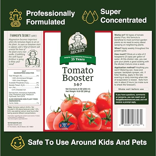Farmer's Secret Tomato Booster Fertilizer (128oz) - Super Concentrated - 3:8:7 Ratio Fortified with Humic Acid, Iron and Calcium - Grow More Tomatoes