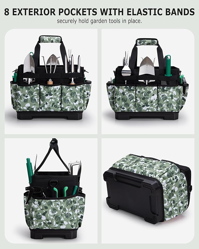 Garden Tool Bag with Hard Bottom, Garden Tote with Shoulder Strap and Multiple Pockets (No Accessories Included), Green Rose