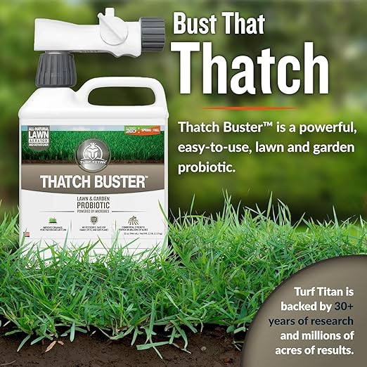 Turf Titan Thatch Buster Liquid Lawn Aerator and Dethatcher (32 oz) with Hose End Sprayer – Liquid Soil Loosener for Compacted & Clay Lawns – Improves Drainage & Root Growth – Covers 6,000 Sq Ft