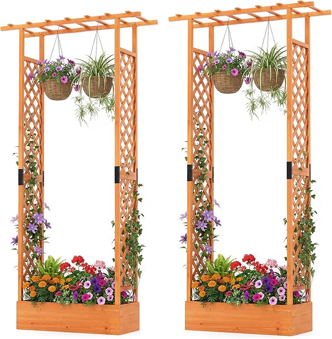 S AFSTAR Raised Garden Bed with Trellis, 2 Pieces Fir Wood Planter Box with Flat Roof & Drainage Holes, Vertical Planter Raised Bed for Climbing Plants, Flowers & Vegetables, 43" x 14" x 89" (Orange)