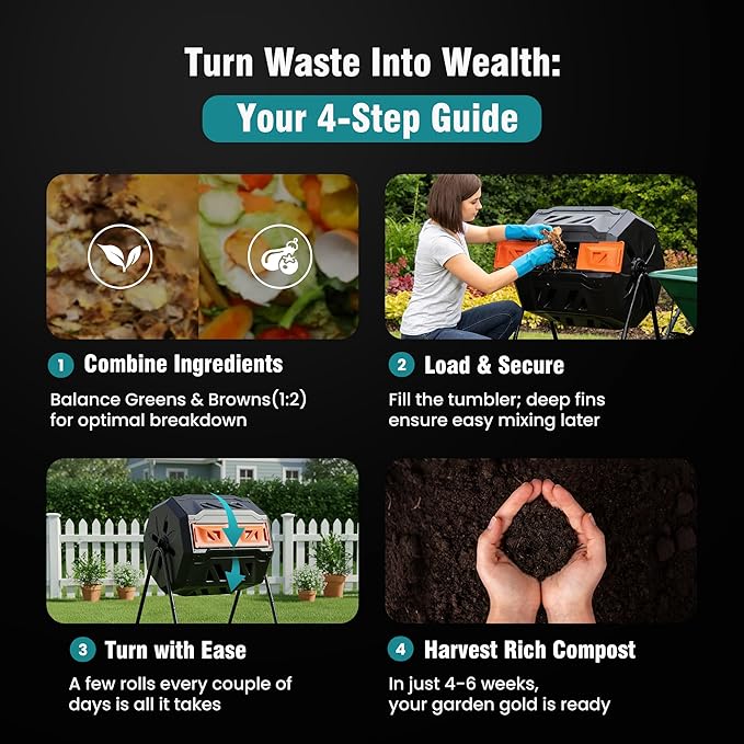 OLIXIS Compost Bin Outdoor 43 Gallon, Dual Chamber Composter Tumbler Outdoor with Gloves, Efficient 360°Rotating Composting Bin for Patio, Lawn, Home Gardening and Landscape, Black and Orange