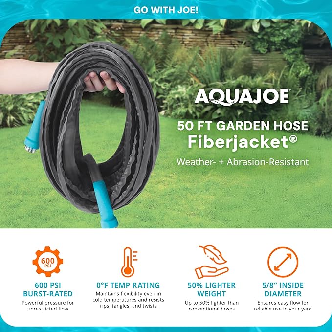 Aqua Joe AJFJH50-58-MAX Superlight FIBERJACKET Garden Hose, Kink-Resistant, 600 PSI Burst Rating, 50 Feet Long, Heavy Duty Couplings