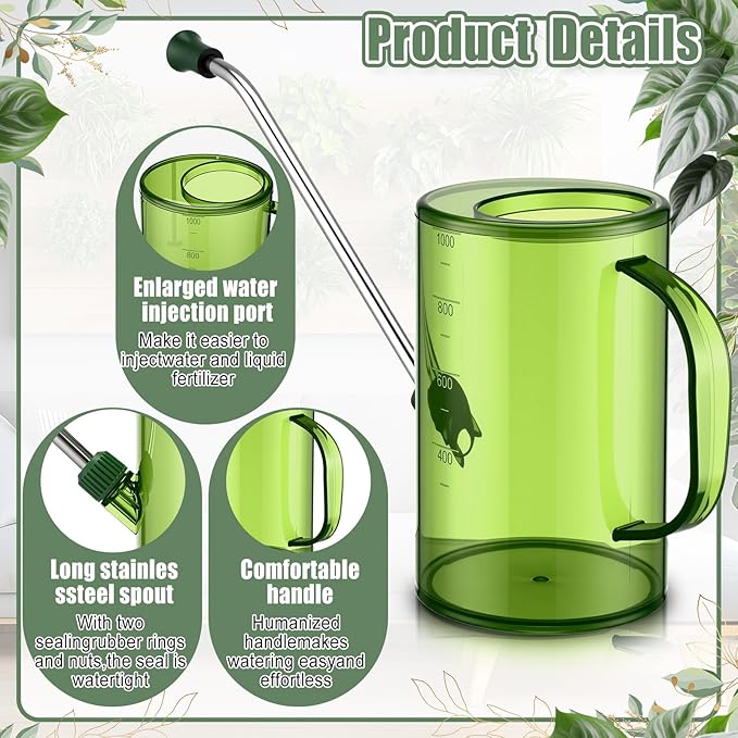 Indoor Plants Watering Can for Indoor Plants Long Probe Soil Moisture Meter Long Spout Watering Cans Water Monitor Indicator for Pot Flower House Gardening Farming (Green,1 L,Cylindrical)