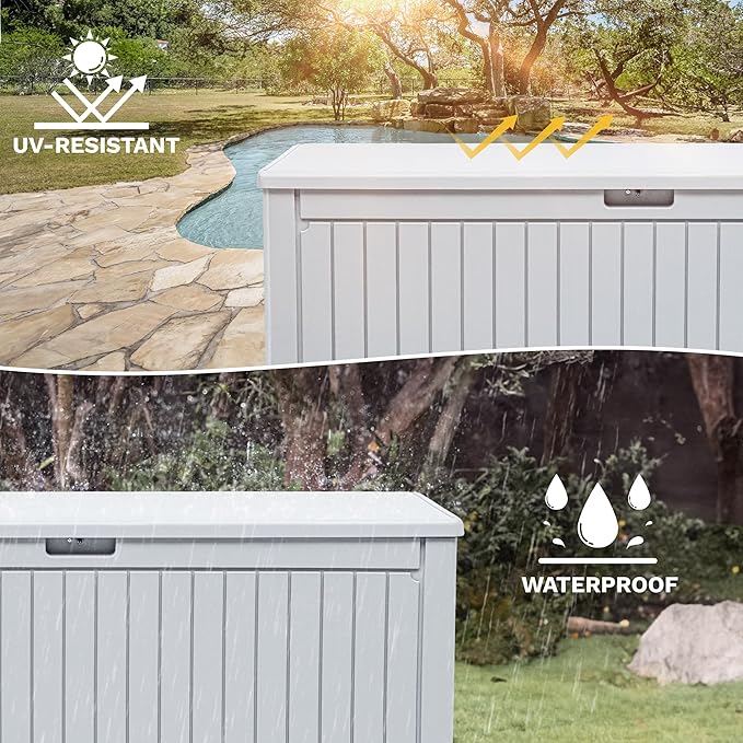 DWVO 260 Gallon Double-Wall Deck Box with Divider, XXL Extra Large Resin Outdoor Storage Box, Lockable & Waterproof, Double as Seating, 1000lbs Capacity (Grayish-White)