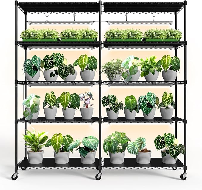 Bstrip 5-Tier Plant Shelf with Grow Light, Large L-Shaped or Long Shape Indoor Plant Stand, 8 Pack 192W T8 Full Spectrum Grow Lights for Indoor Plants & Seed Starting (58L x 13.8W x 59H)
