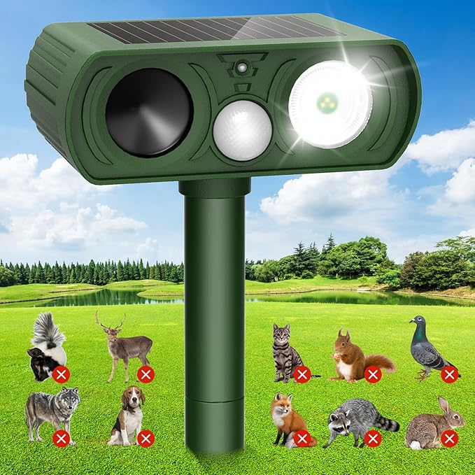 Solar Ultrasonic Animal Repellent, Deer Repellent Devices Waterproof with Motion Detection, Cat Repellent Outdoor Squirrel Skunk Rabbit Raccoon Dog Mouse Deterrents Animal Repeller for Yard Farm