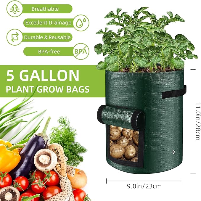 LITLANDSTAR 6 Pack Potato Grow Bags, 5 Gallon Grow Bags Garden Planting Bags with Flap Windows and Handles, Vegetable Grow Bags for Potato, Onion, Tomato, Carrot (Dark Green)