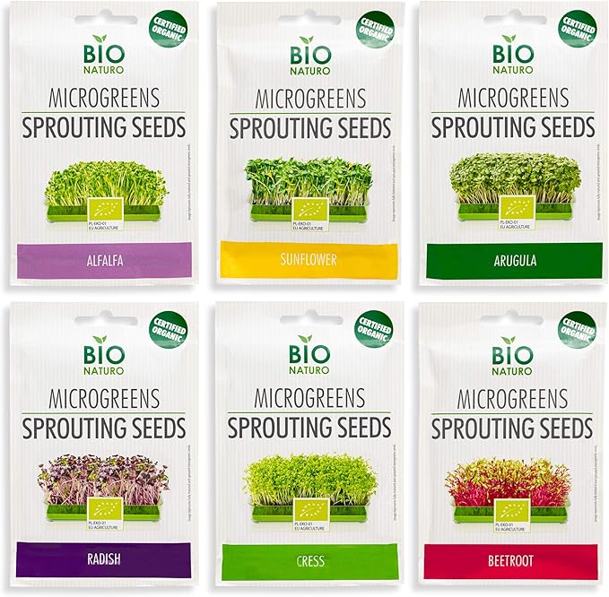 Organic Microgreen Sprouting Seeds 6-Pack – Non-GMO Heirloom Microgreens Seed Variety Pack – Sunflower, Alfalfa, Arugula, Beetroot, Radish, Cress – Fast Growing Indoor Garden Superfood