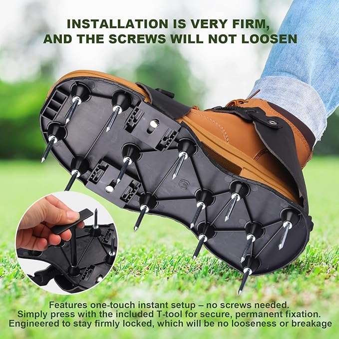 Lawn Aerator Shoes Heavy-Duty Spiked Sandals with Stainless Steel Spikes, Adjustable Loop Straps for Grass Aeration on Patio, Yard, Garden – Black
