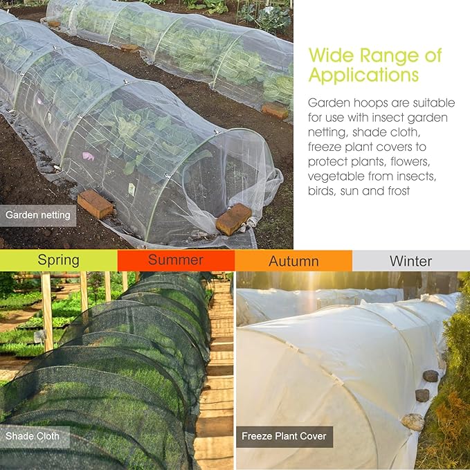 RIFNY 72 PCS Garden Hoops for Raised Beds, 12 Sets Greenhouse Hoops Kit of 8 FT Long Grow Tunnel, Rust-Free Fiberglass Garden Support Poles for Insect Mesh Netting Freeze Plant Cover (Green)