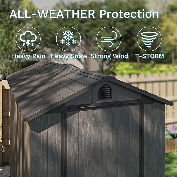 Patiowell 4x8 FT Plastic Outdoor Storage Shed with Floor, Garden Tool Shed with Two Windows and Single Lockable Door for Garden, Backyard, Lawn, Easy to Install, Dark Grey