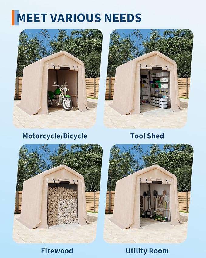 GarveeLife Outdoor Portable Storage Shed with Roll-Up Door & Vent, 240G Heavy-Duty Shelter Waterproof PE Tarp, UV-Resistant Storage Sheds for Motorcycle, Firewood, Garden and Tools (Khaki, 6'x6')