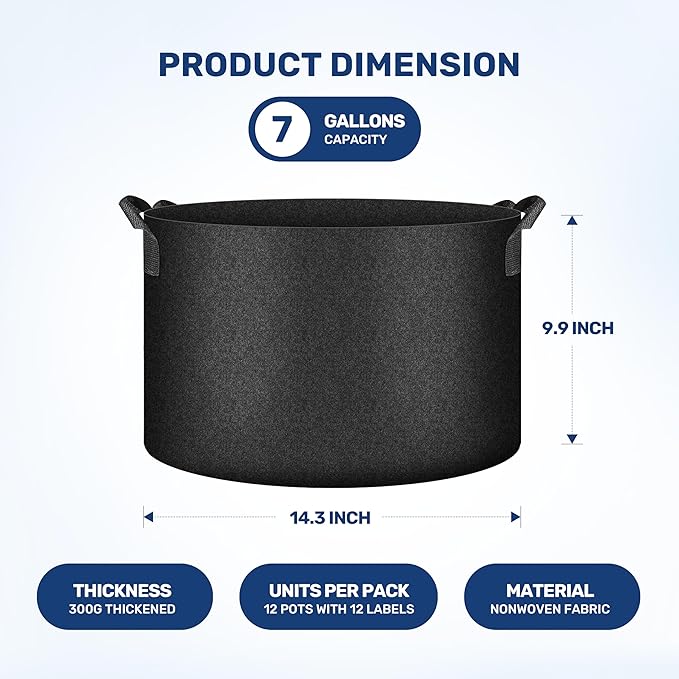 HealSmart 7 Gallon 12 Pack Nonwoven Grow Bags, Aeration Fabric Pots with Handles, Heavy Duty Garden Grow Pots for Tomato Vegetables Flowers, 12 Plant Labels, Black