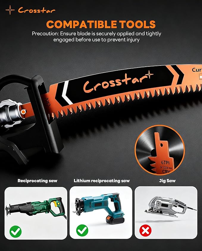 Crosstar 12 Inch Japanese Teeth Arc Edge Reciprocating Saw Blades - 6TPI Wood Pruning Blades for Tree Trimming, Branch Cutting, 3-Pack