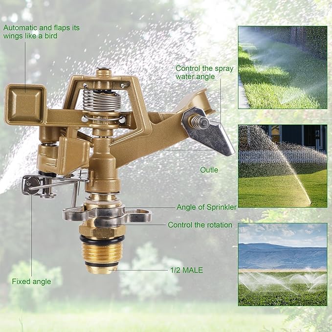 Biswing 1/2 Inch Impact Sprinkler 2 Pack, Heavy Duty Zinc Alloy Lawn Sprinkler Head with Nozzle, Adjustable 20-360 Degree Large Coverage Pattern, Watering Sprinkler for Grass Patio Garden Irrigation