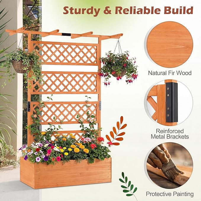 Giantex Raised Garden Bed with Trellis 2 Pack, 72'' Wooden Planter Box Outdoor w/Privacy Screen Roof, Large Vertical Garden Planter w/Drainage Holes for Climbing Plants, Patio Balcony Backyard