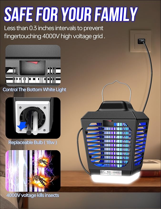 New Fi 4200V Bug Zapper, Waterproof Electric Flying Insect Trap with LED Light, ABS Housing, Indoor Fly Trap and Outdoor Mosquito Zapper, Plug‑in for Home Patio Garden