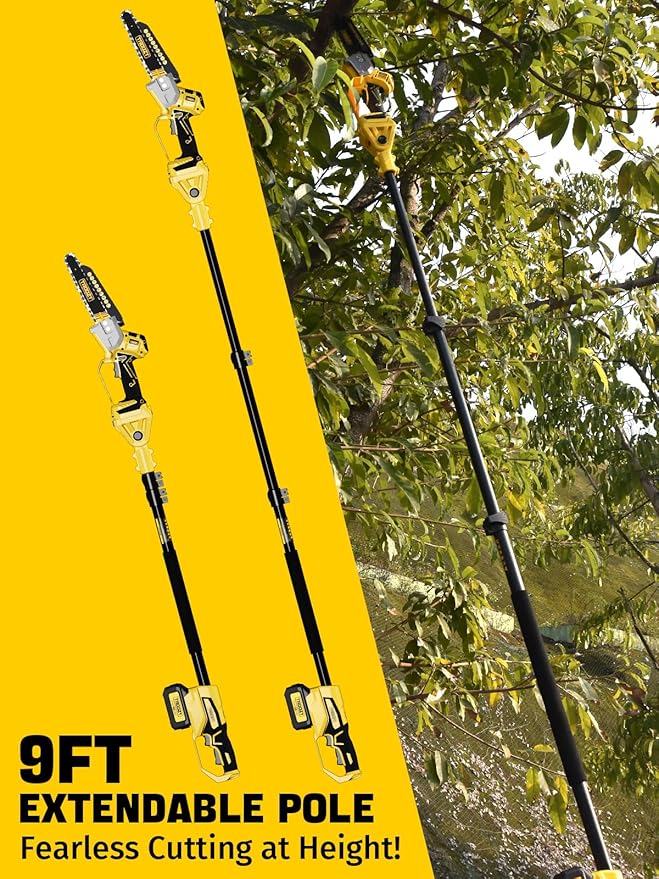 Cordless Pole Saw, 8-INCH 2-IN-1 Chainsaw with 21V 4.0Ah Battery Powered, Electric Tree Trimmer with 9FT Telescopic Pole, 180°Angle for Tree Branches Pruning & Wood Cutting, Battery Included